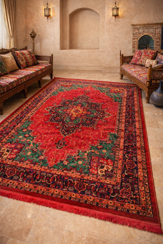 فرش طرح قجری ویژه رنگ لاکی و سبز