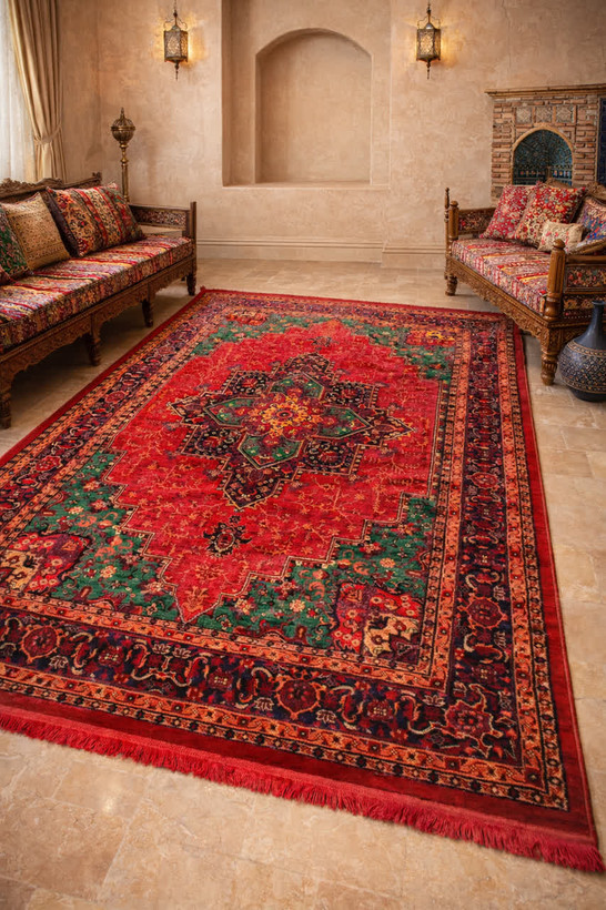 فرش طرح قجری ویژه رنگ لاکی و سبز