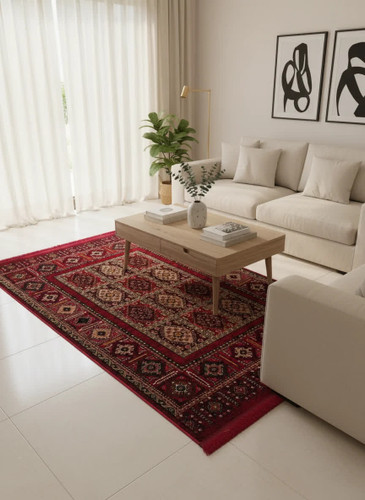 فرش ماشینی زمینه لاکی طرح خشتی