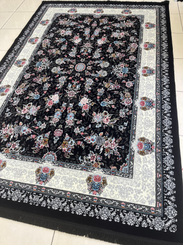 فرش ماشینی کاشان زمینه سرمه ای طرح افشان